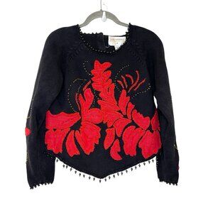 VTG Lisa Nichols Knit Black Red Floral Embroidered Beaded Fringe Sweater Sz S